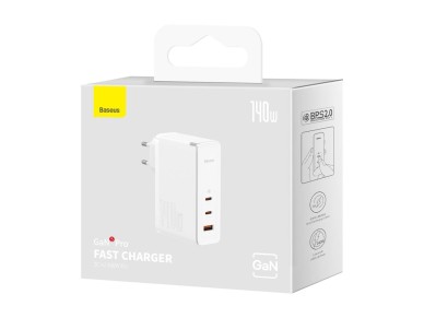 Carregador de parede Baseus GaN5 Pro PD 140W 2x USB-C 1x USB branco + USB-C - Cabo USB-C 240W