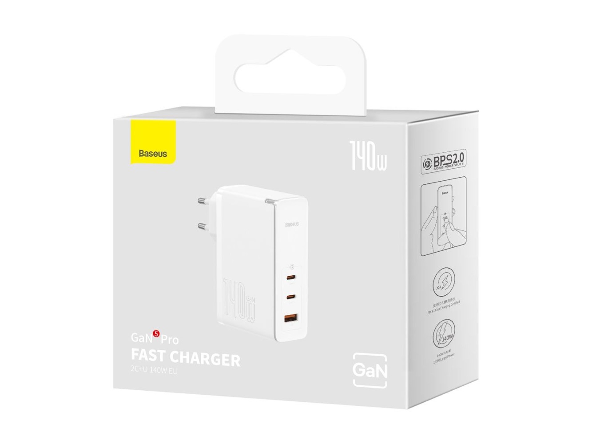Cargador de pared Baseus GaN5 Pro PD 140W 2x USB-C 1x USB blanco + cable USB-C - USB-C 240W