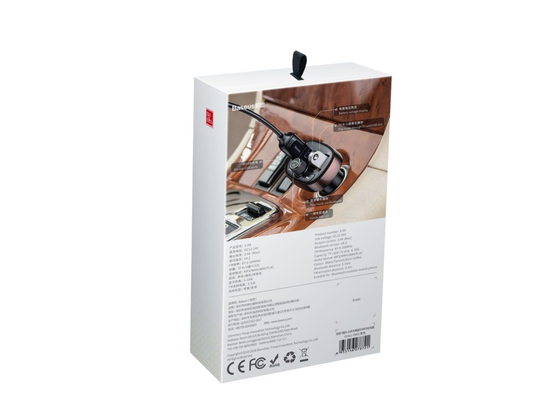 Transmissor FM Baseus em formato de T S-09 Bluetooth MP3 carregador de carro preto
