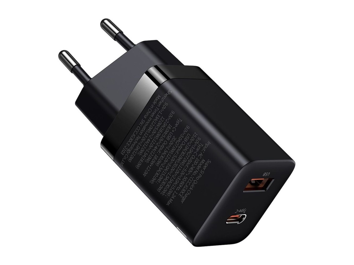 Cargador de pared Baseus Super Si PD 30W 1x USB-C 1x USB negro