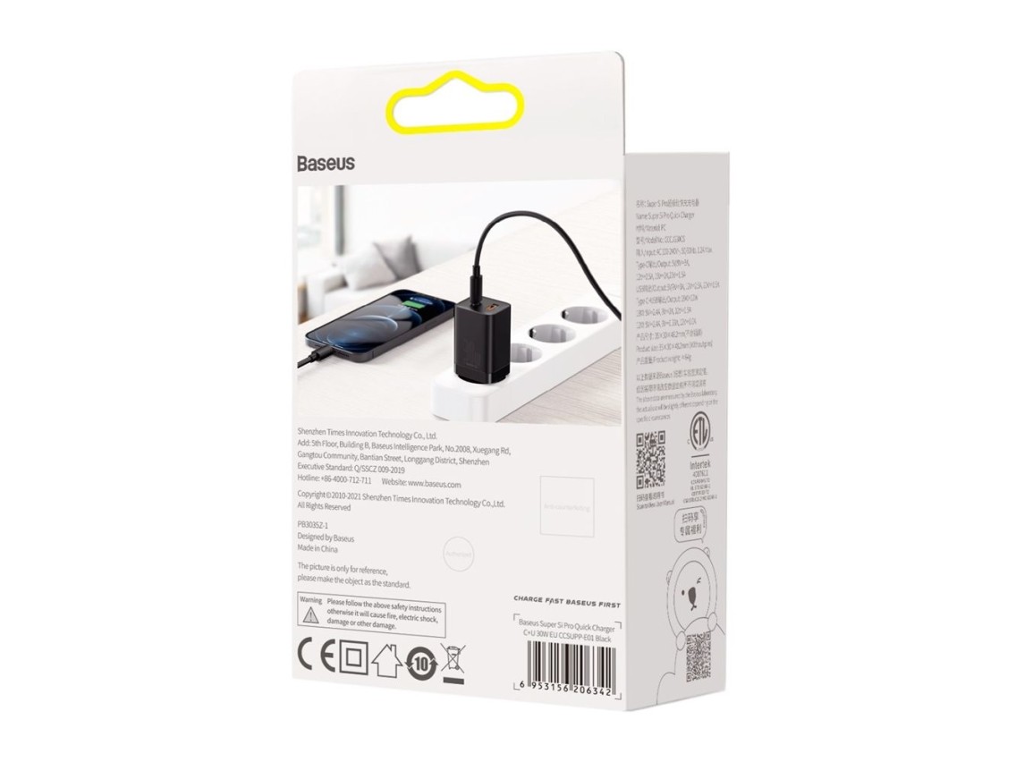 Cargador de pared Baseus Super Si PD 30W 1x USB-C 1x USB negro