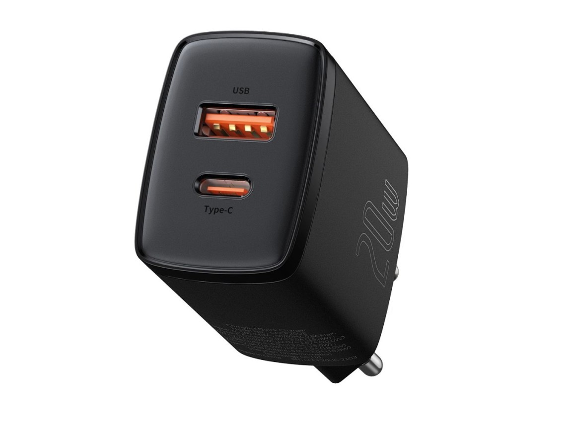 Cargador de pared Baseus Compact PD 20W 1x USB-C 1x USB negro