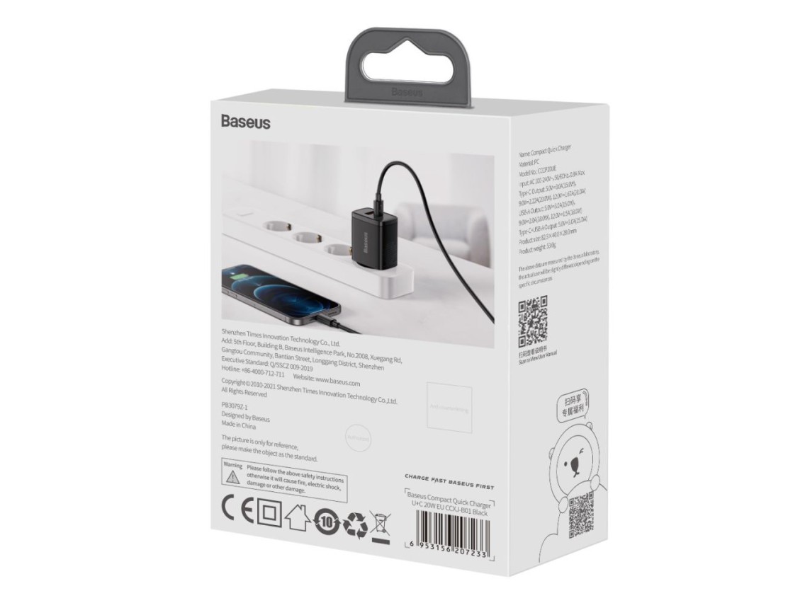 Cargador de pared Baseus Compact PD 20W 1x USB-C 1x USB negro