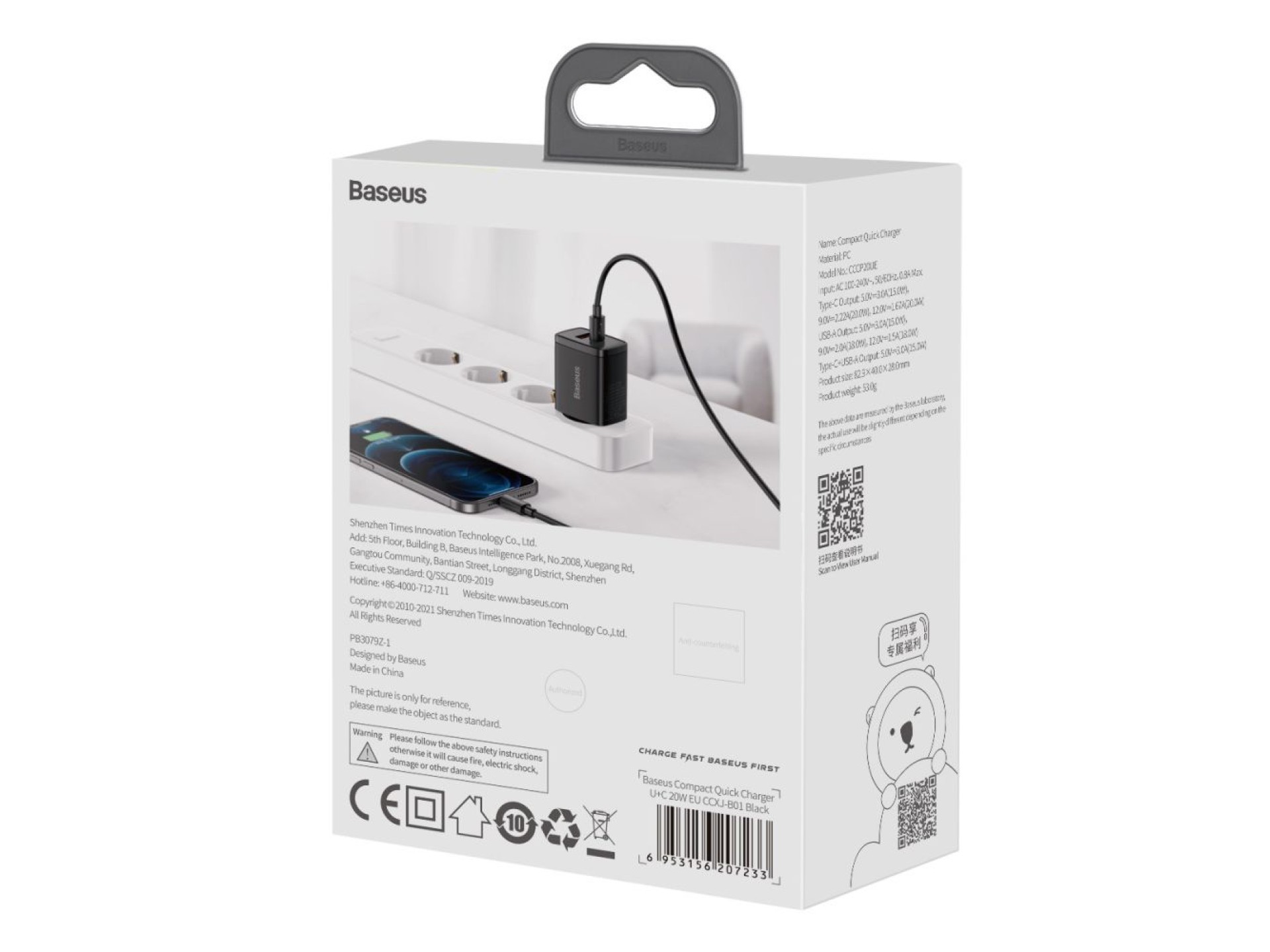 Cargador de pared Baseus Compact PD 20W 1x USB-C 1x USB negro
