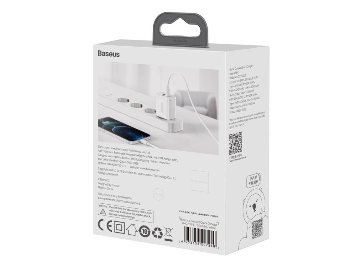 Baseus wall charger Compact PD 20W 1x USB-C 1x USB white