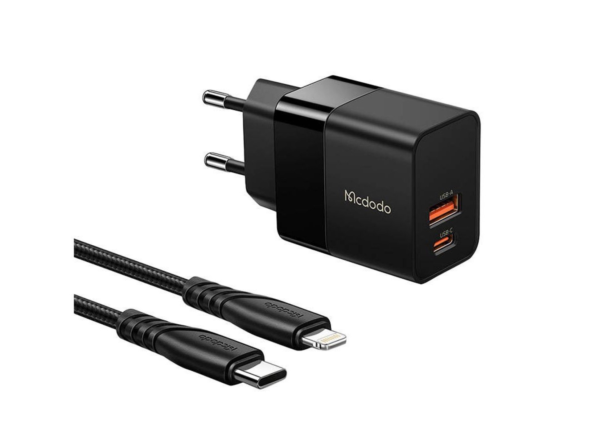 Cargador de pared Mcdodo CH-1952 USB + USB-C, 20W + cable USB-C a Lightning (negro)