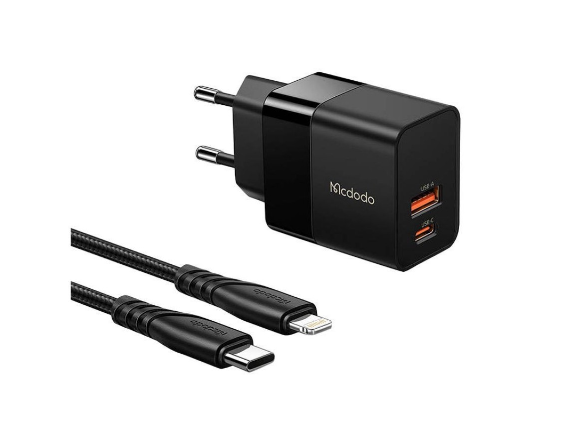 Cargador de pared Mcdodo CH-1952 USB + USB-C, 20W + cable USB-C a Lightning (negro)
