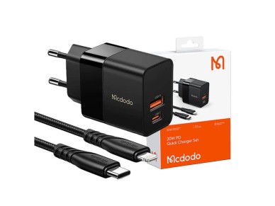 Wall charger Mcdodo CH-1952 USB + USB-C, 20W + USB-C to Lightning cable (black) Wall charger Mcdodo CH-1952 USB + USB-C, 20W + USB-C to Lightning cable (black)