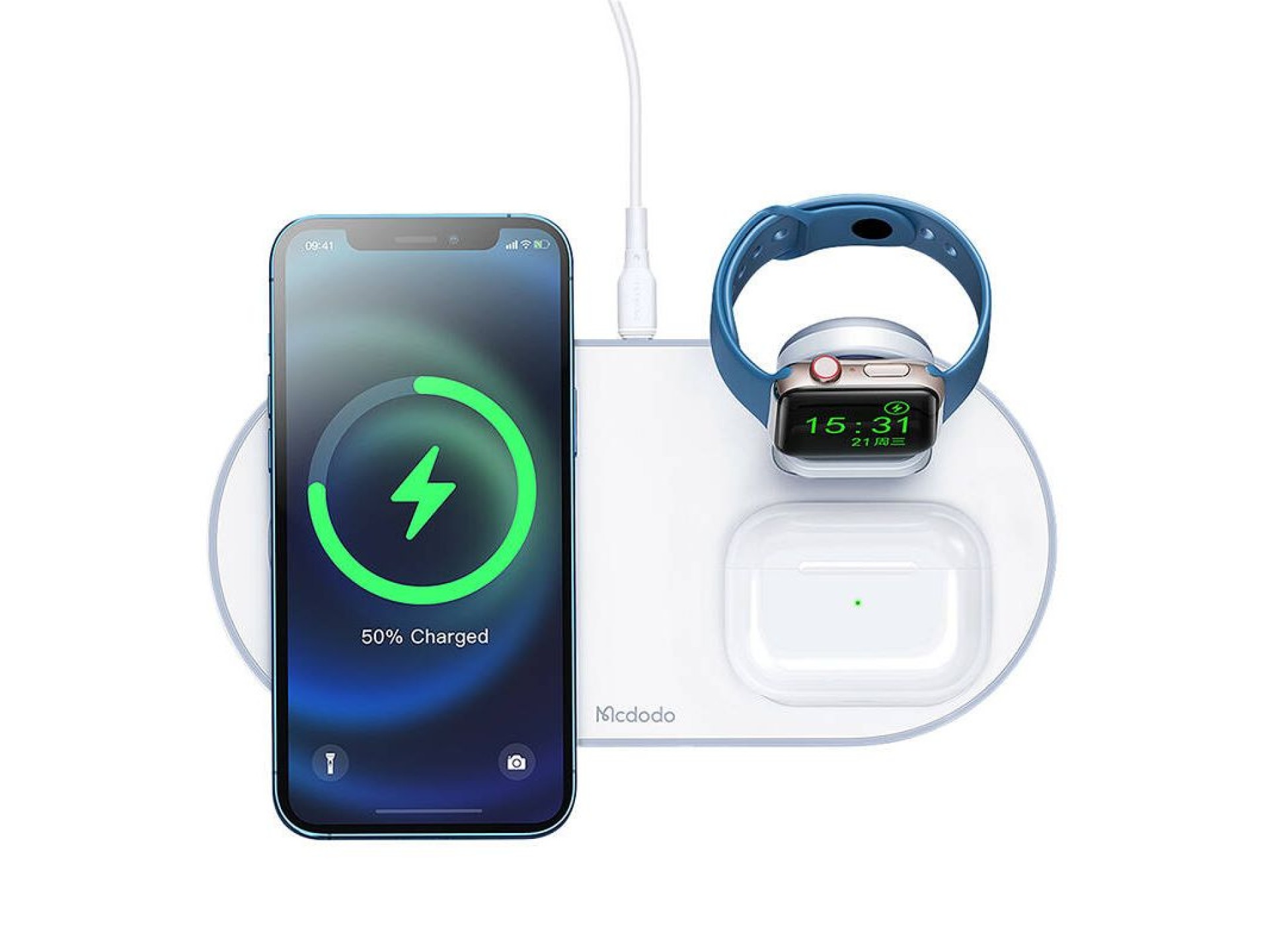 Carregador sem fio Mcdodo CH-7060 3 em 1 15 W (celular/TWS/Apple Watch) (branco)