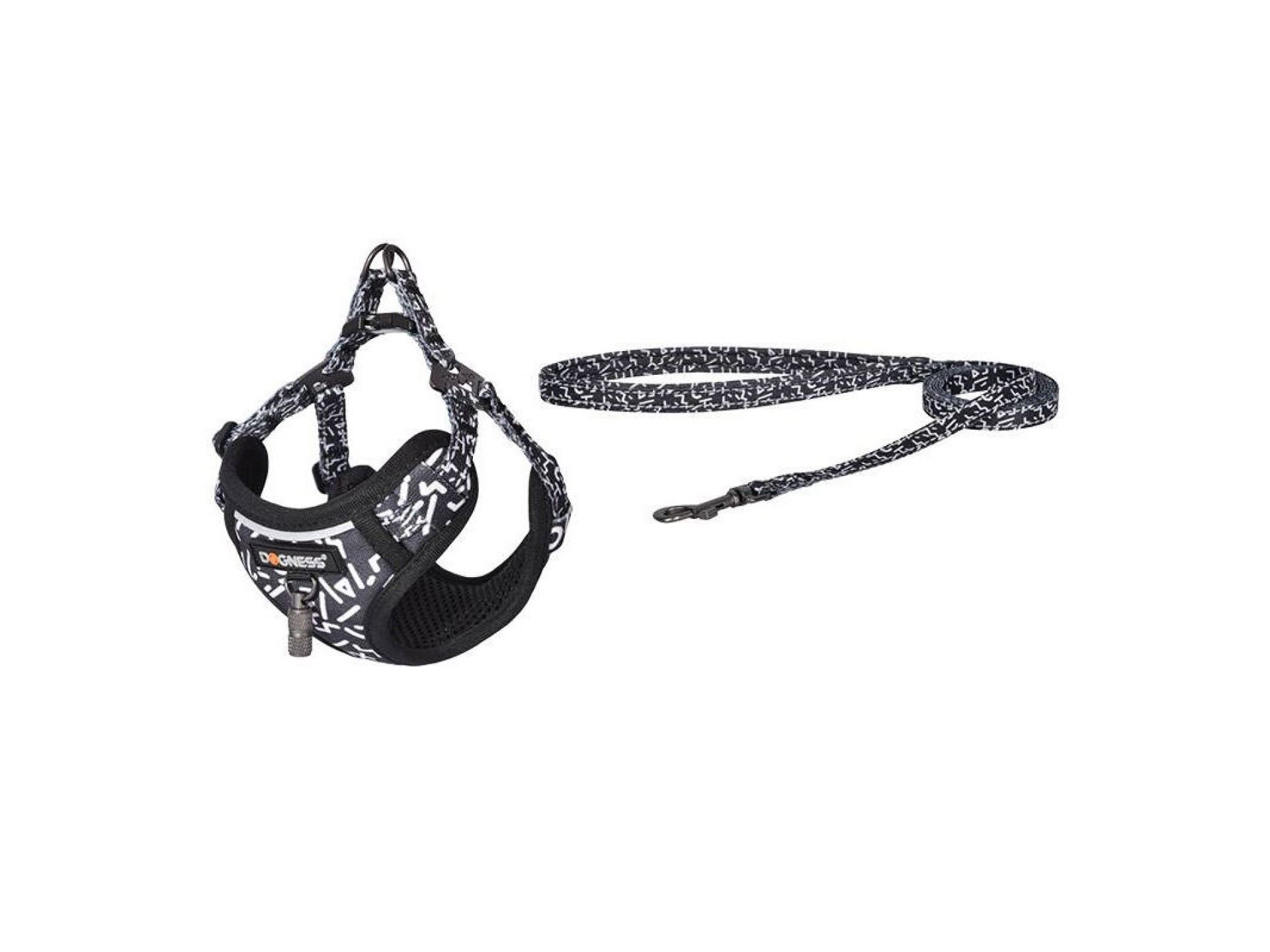 Dogness walking set leash 1,5m+harness for dog (black and white)