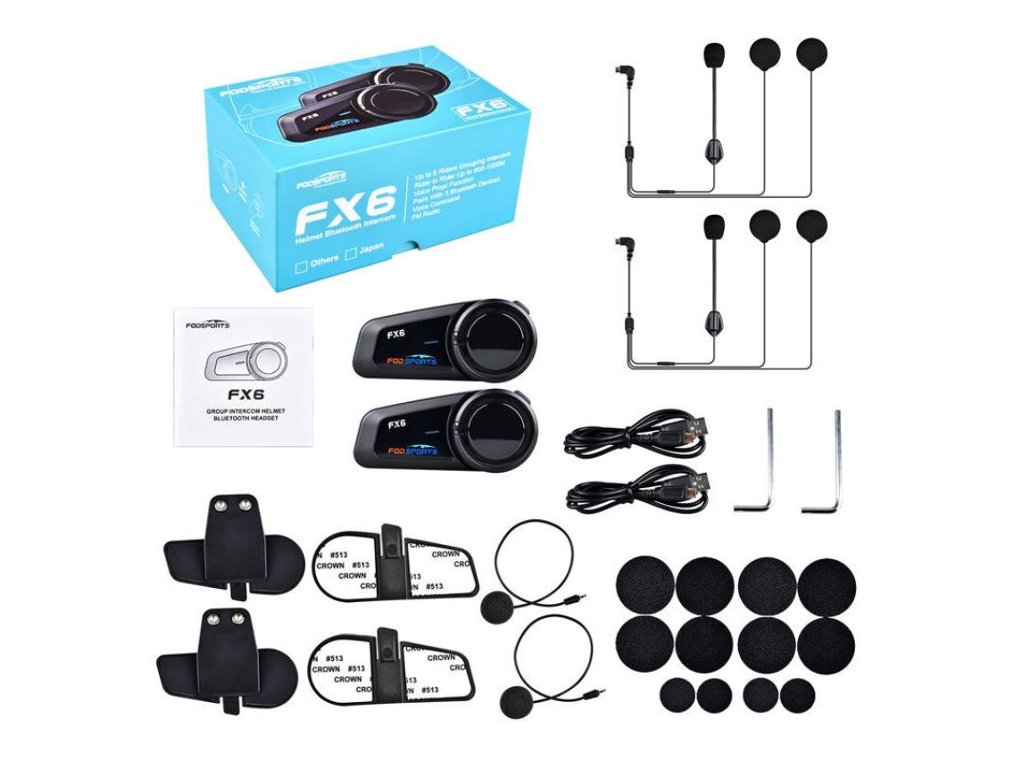 Intercomunicador para motocicleta Fodsports FX6 (paquete de dos) (negro)