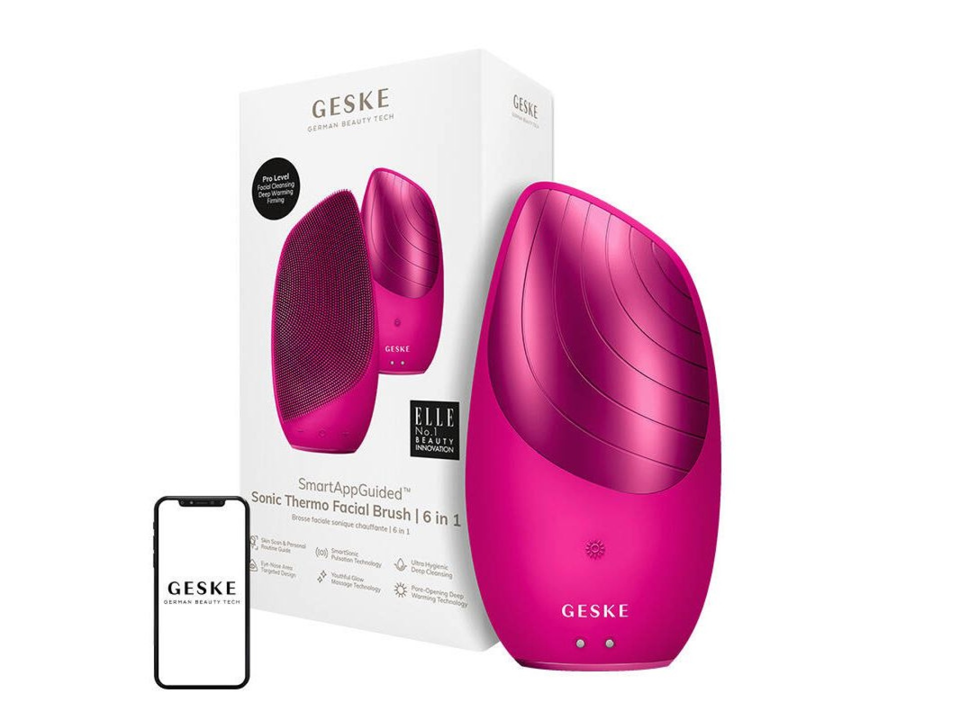 Cepillo facial térmico sónico 6 en 1 Geske con aplicación (magenta)