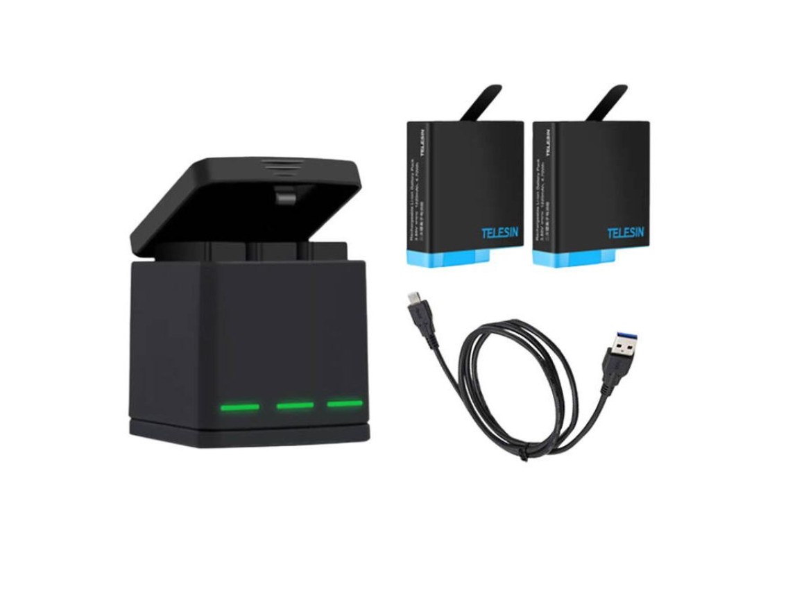 Carregador Telesin Box de três canais para GoPro Hero 5/6/7/8 + 2 baterias (GP-BNC-801)