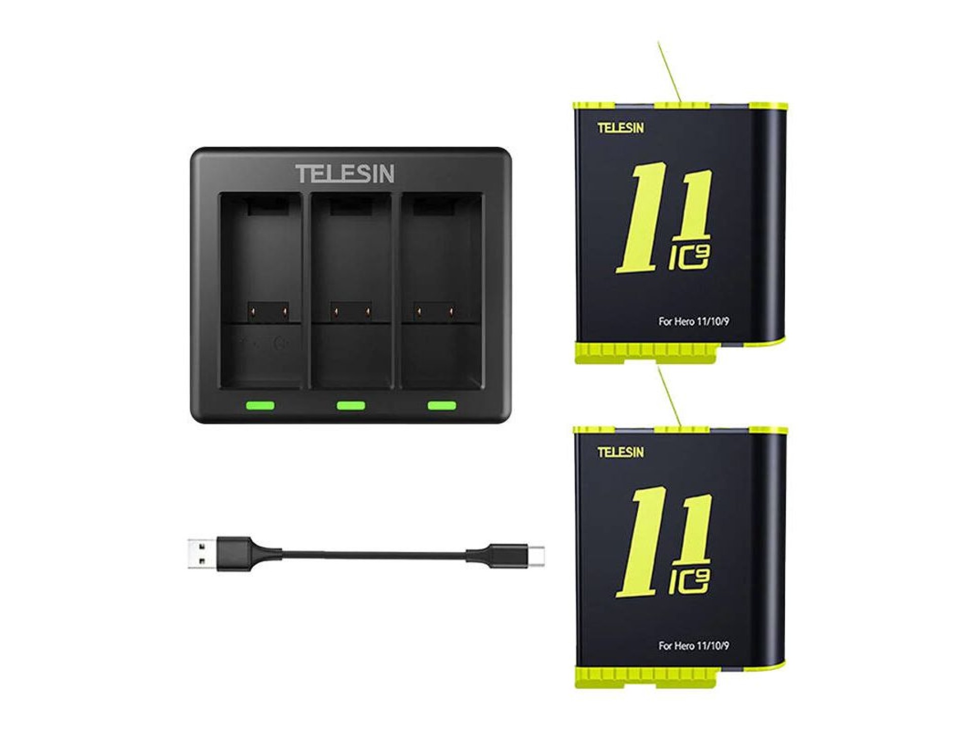 Carregador Telesin de três canais + 2 baterias para GoPro Hero 9 / 10 / 11 / 12 (GP-BTR-903-B)