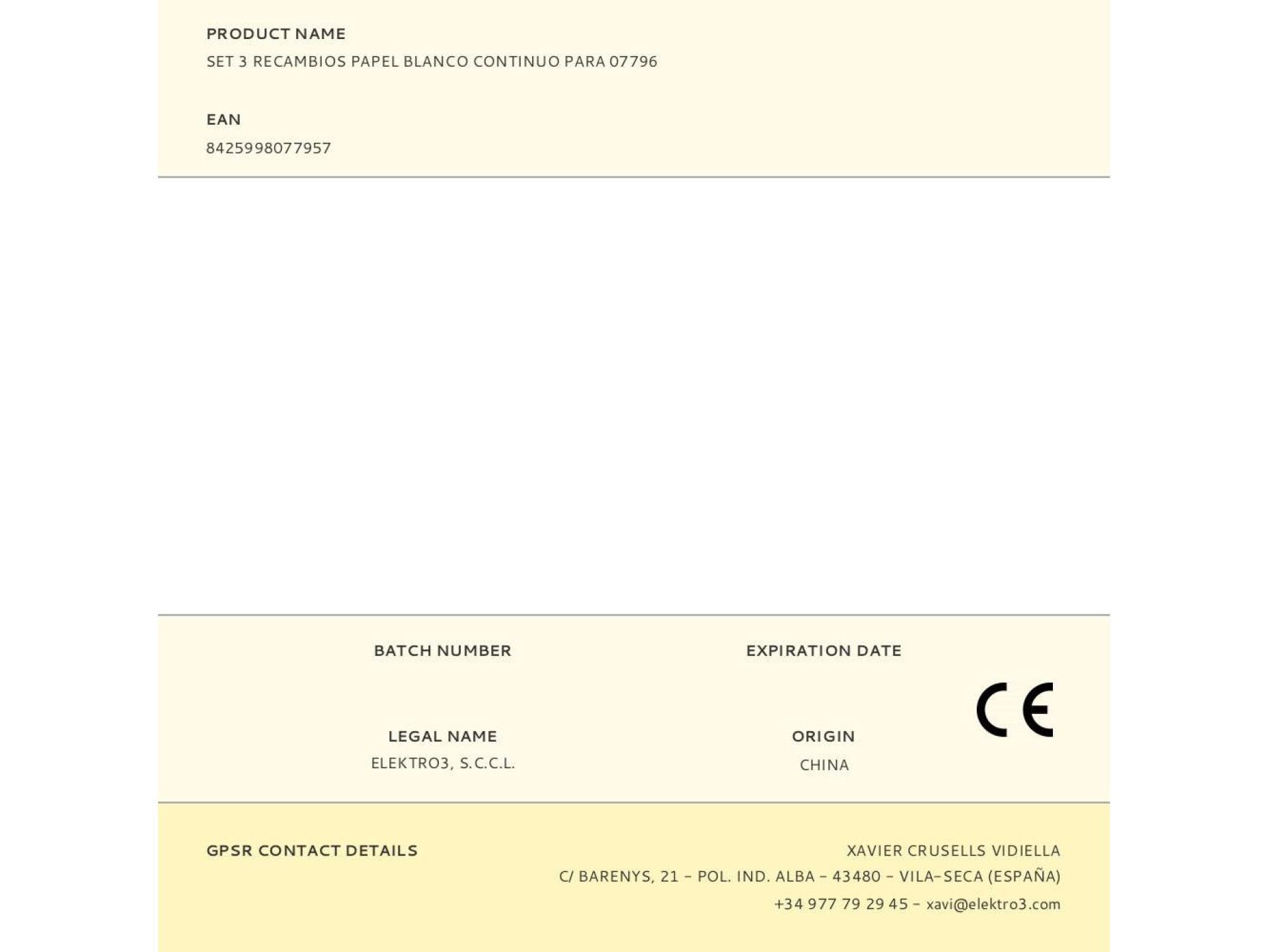 Set 3 recambios papel blanco continuo para 07796