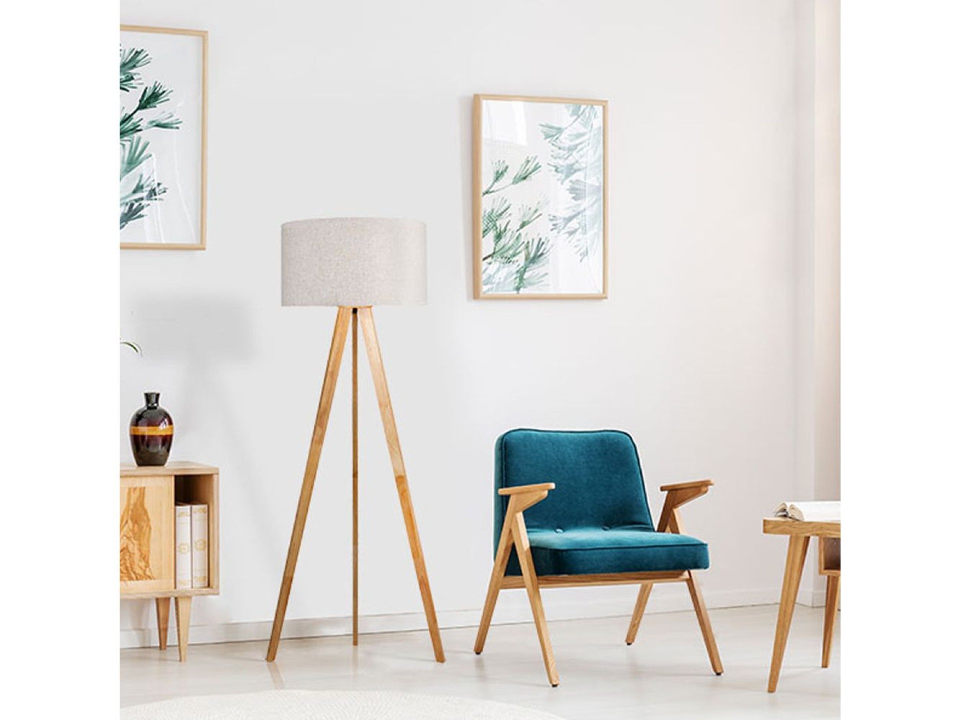 Candeeiro de pé e27 madeira,ferro e tecido edm