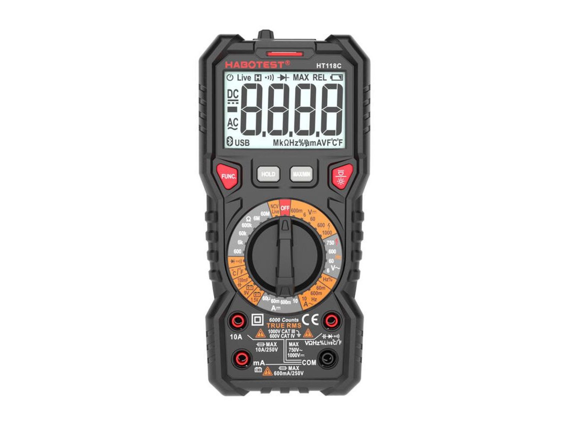 Multímetro digital com lanterna Habotest HT118C, True RMS, NCV, teste de bateria