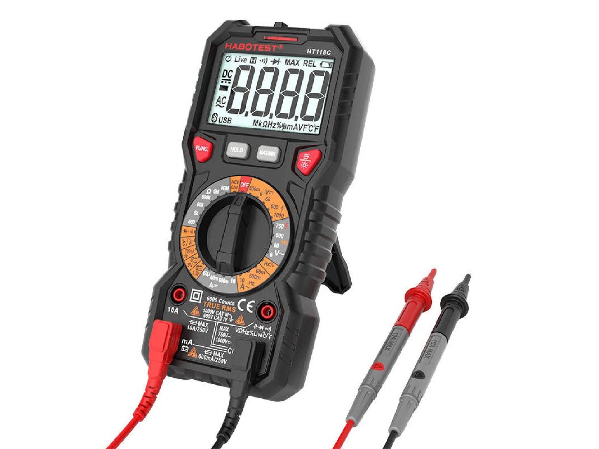 Multímetro digital com lanterna Habotest HT118C, True RMS, NCV, teste de bateria