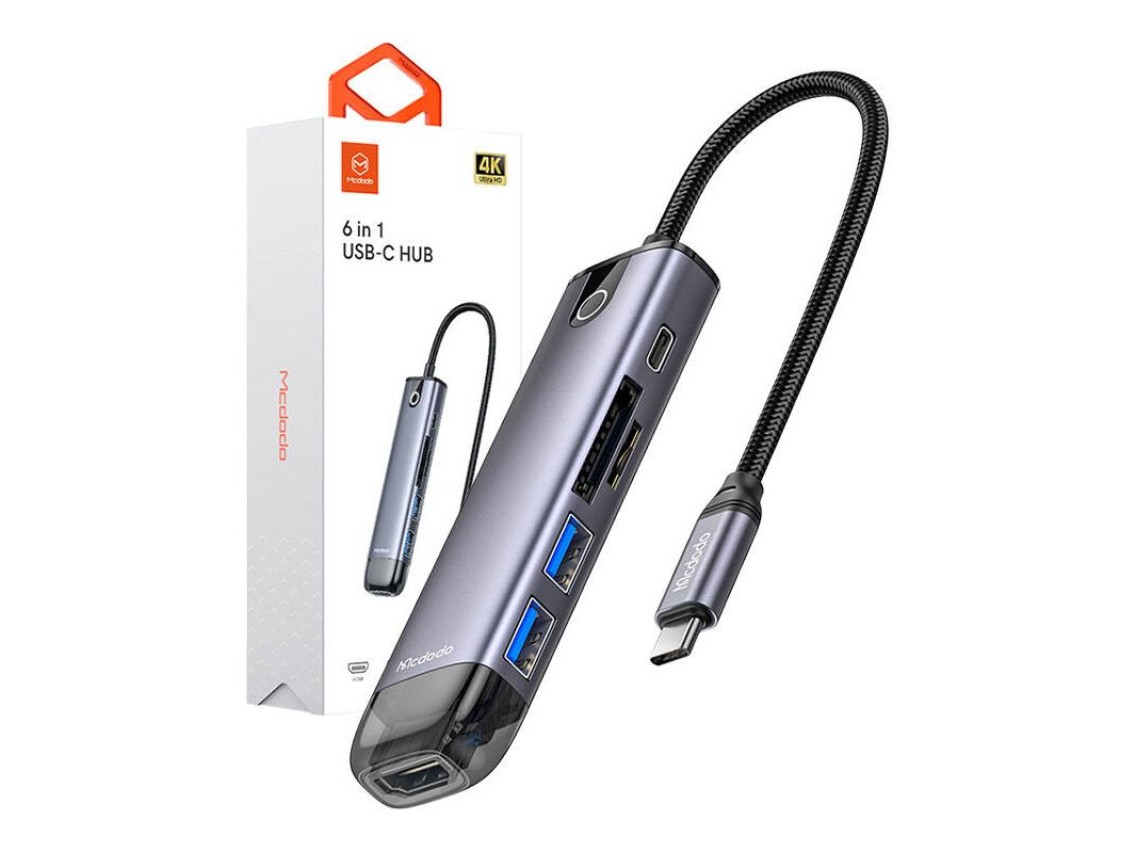 Concentrador USB-C 6 en 1 Mcdodo HU-7420 (USB-C, USB 3.0*2, SD, TF, HDMI)