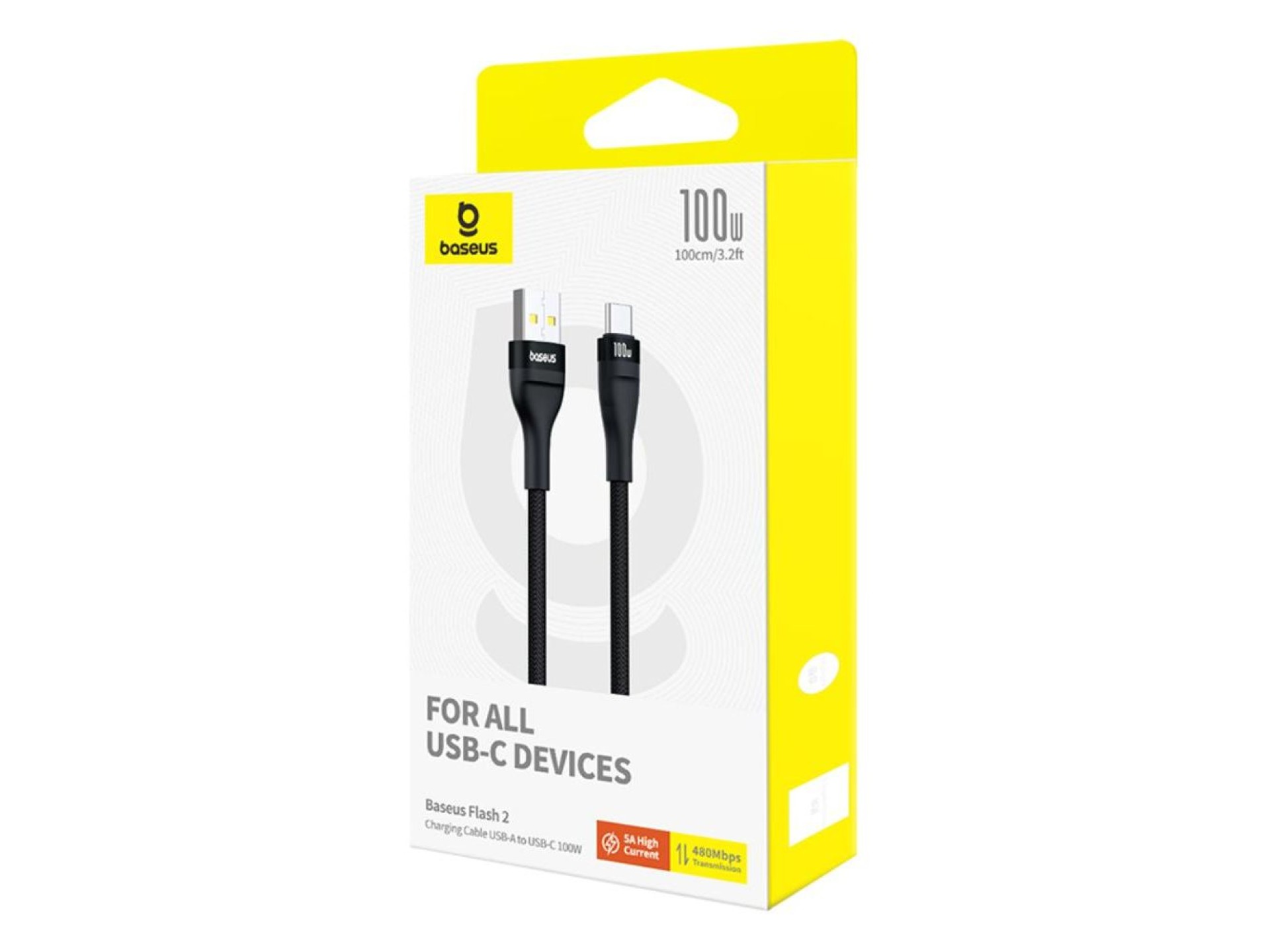 Cable de carga Baseus Flash 2 USB a USB-C de 100 W y 2 m, color negro