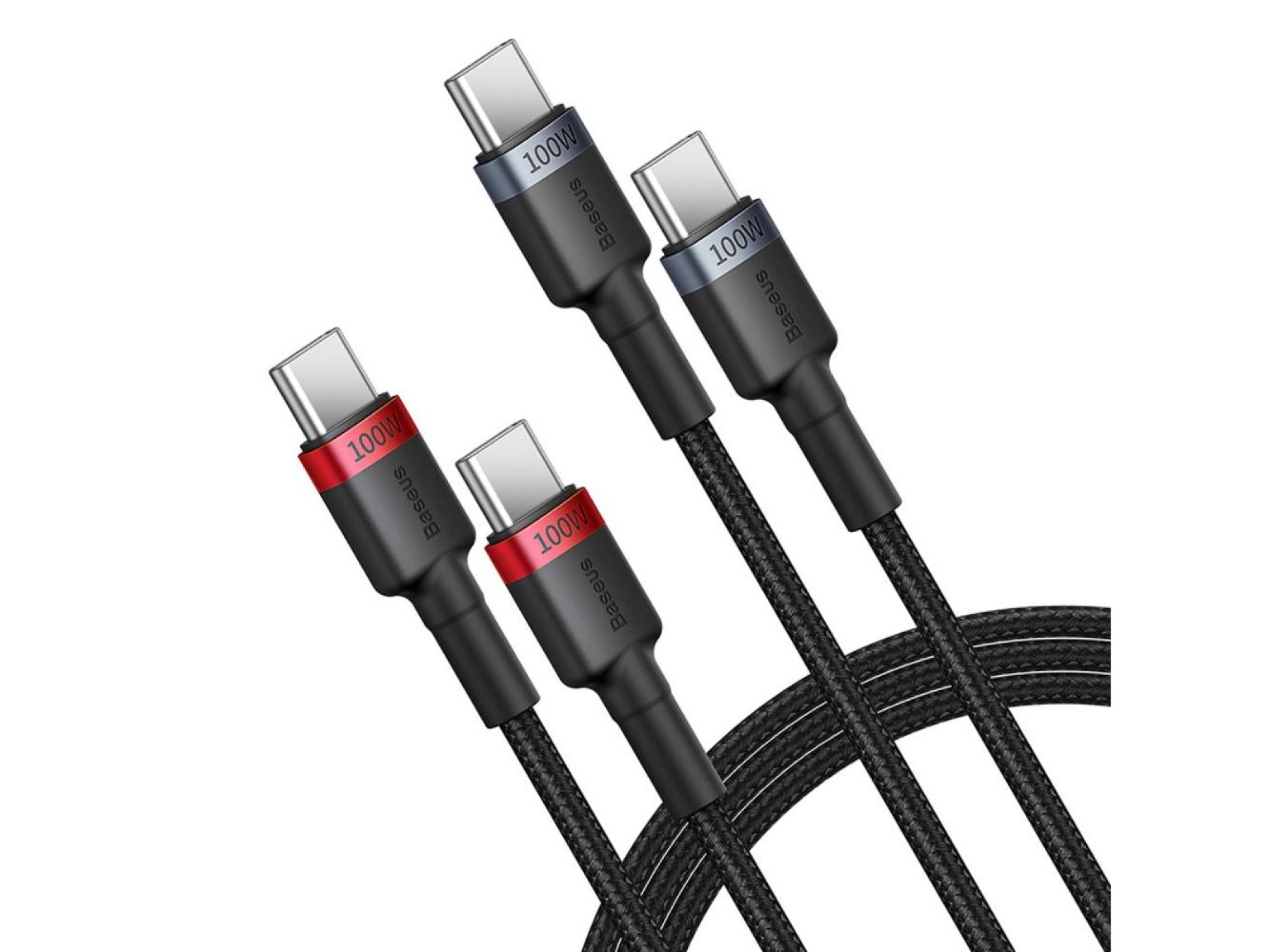 Cable de carga Baseus Cafule USB-C a USB-C 100 W, 2 m, 2 unidades, rojo, negro y gris.