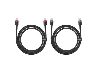 Cable de carga Baseus Cafule USB-C a USB-C 100 W, 2 m, 2 unidades, rojo, negro y gris.