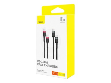 Cable de carga Baseus Cafule USB-C a USB-C 100 W, 2 m, 2 unidades, rojo, negro y gris.