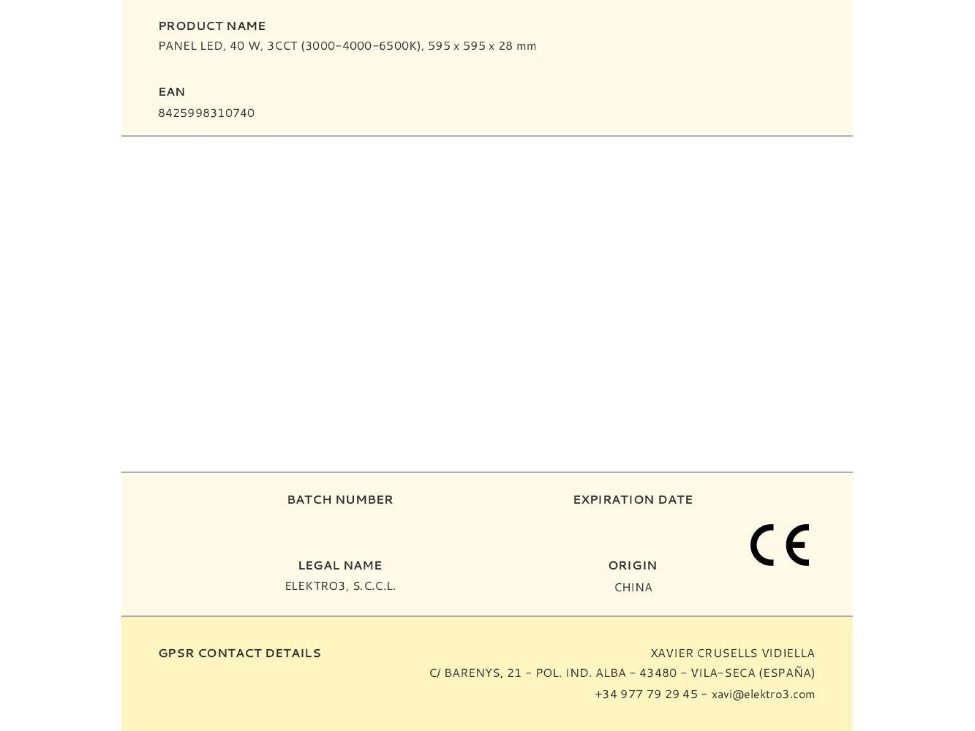 Panel led, 40 w, 3cct (3000-4000-6500 k), 4800 lm, 595 x 595 x 28 mm