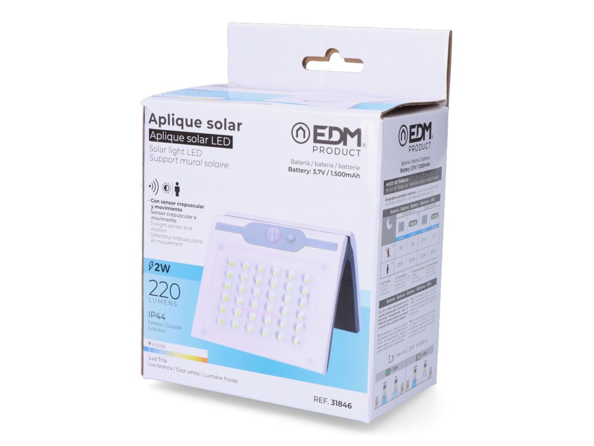 Candeeiro de parede solar 2w 220lm 6.500k com sensor cor branco edm