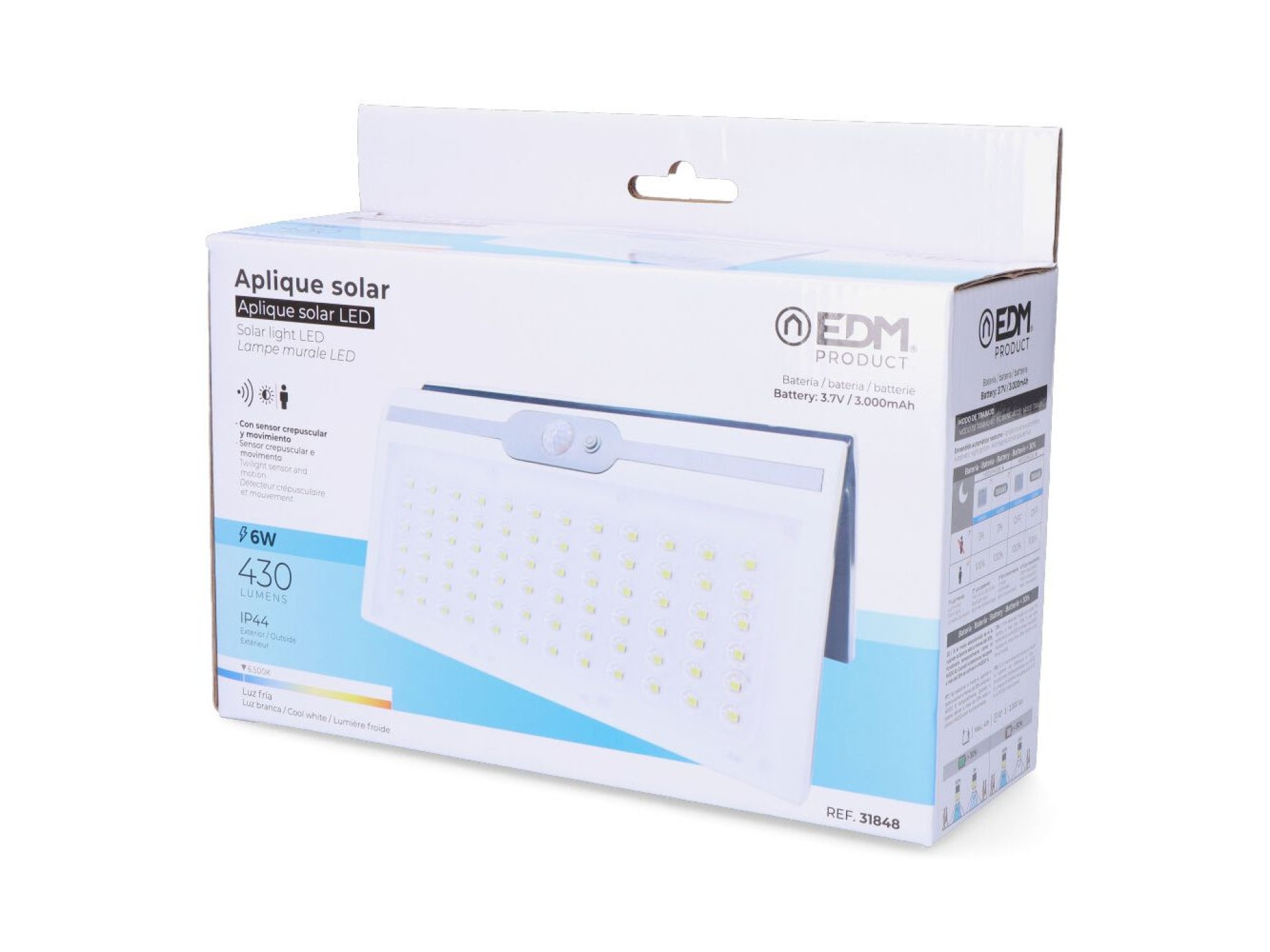 Candeeiro de parede solar 6w 430lm 6.500k com sensor, cor branco