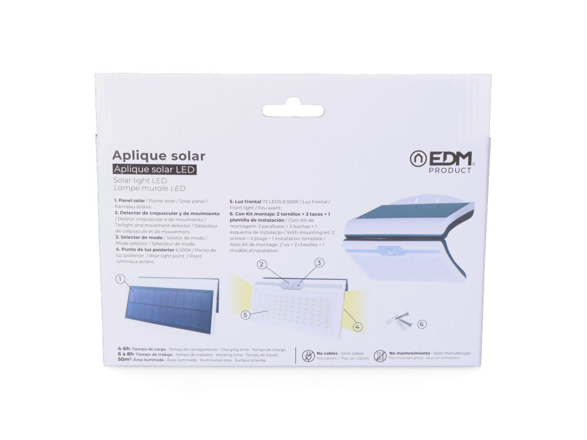 Candeeiro de parede solar 6w 430lm 6.500k com sensor, cor branco