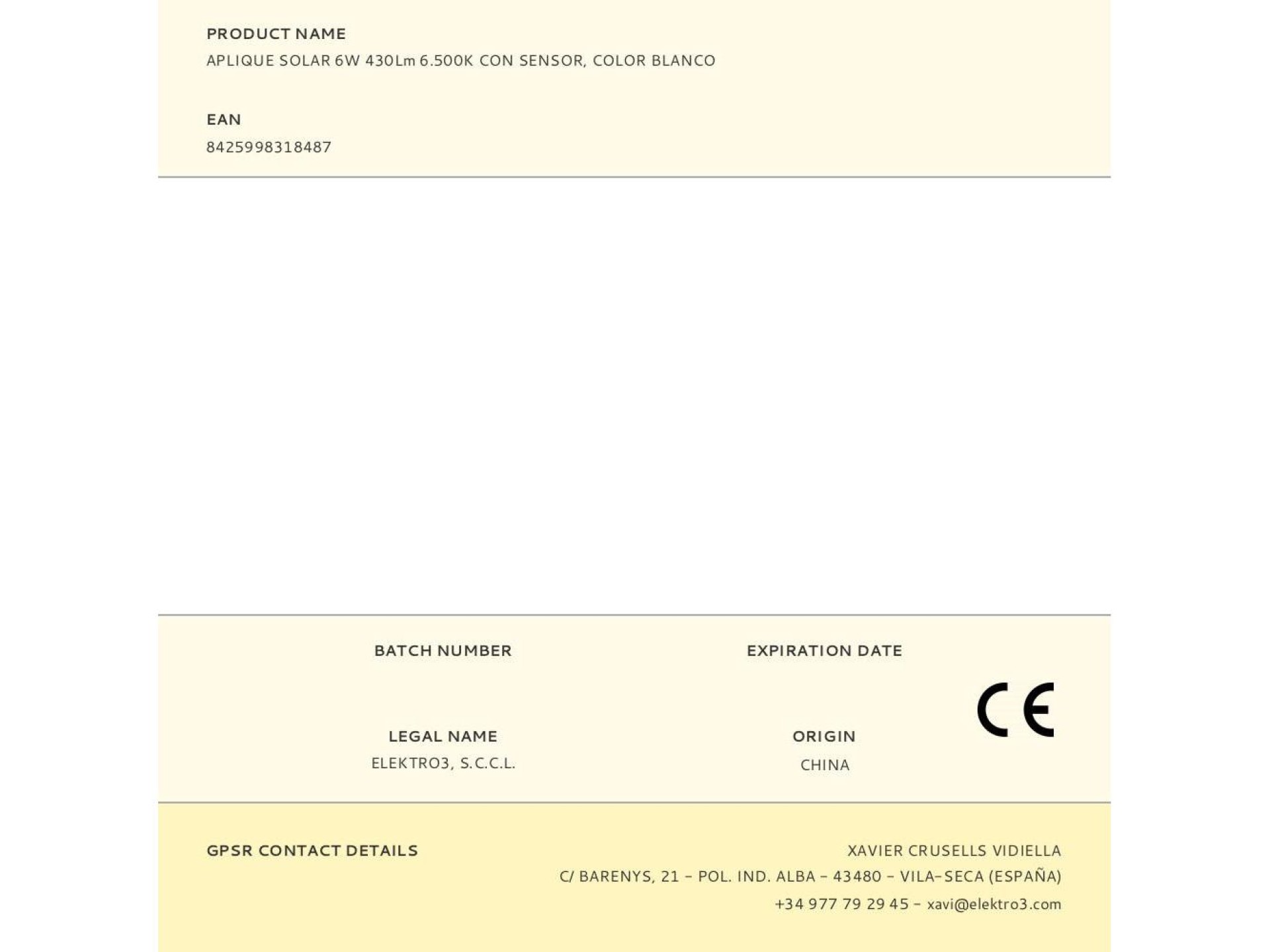 Candeeiro de parede solar 6w 430lm 6.500k com sensor, cor branco