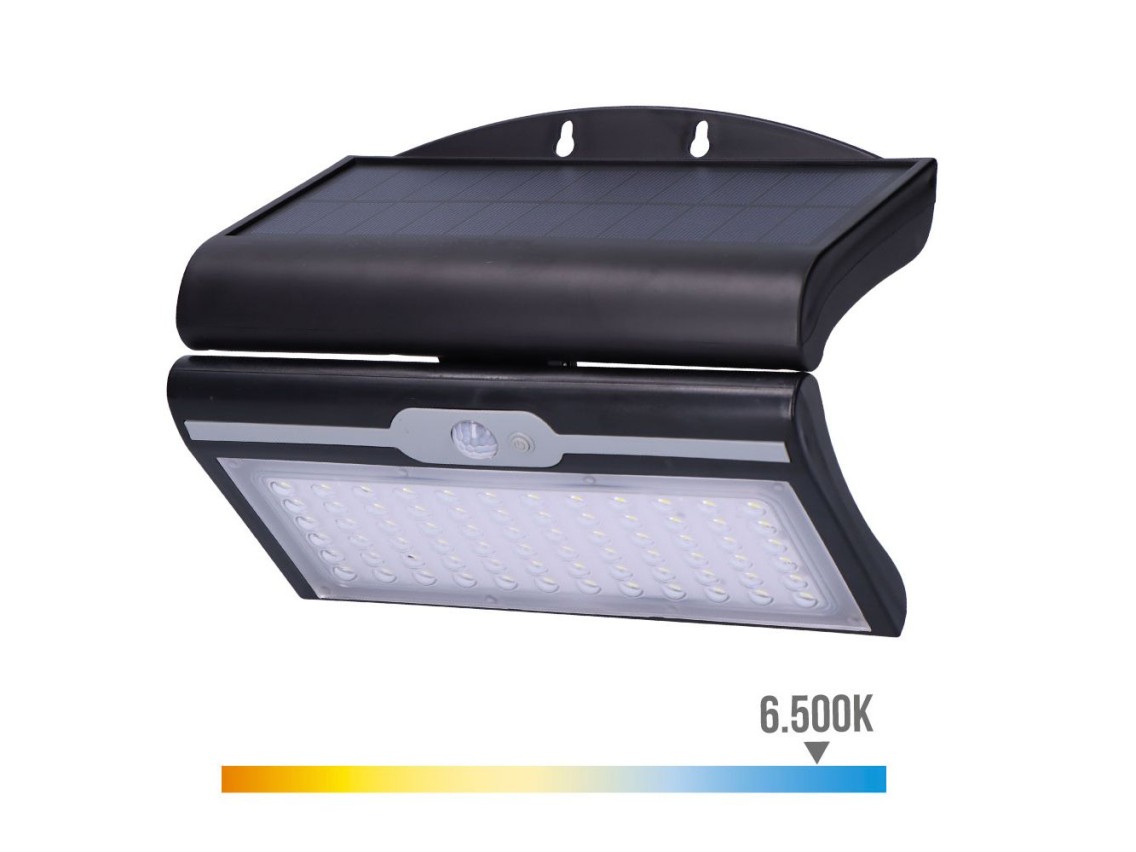Aplique solar 6w 430lm 6.500k con sensor, color negro