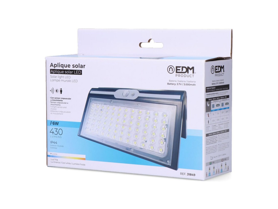 Aplique solar 6w 430lm 6.500k con sensor, color negro