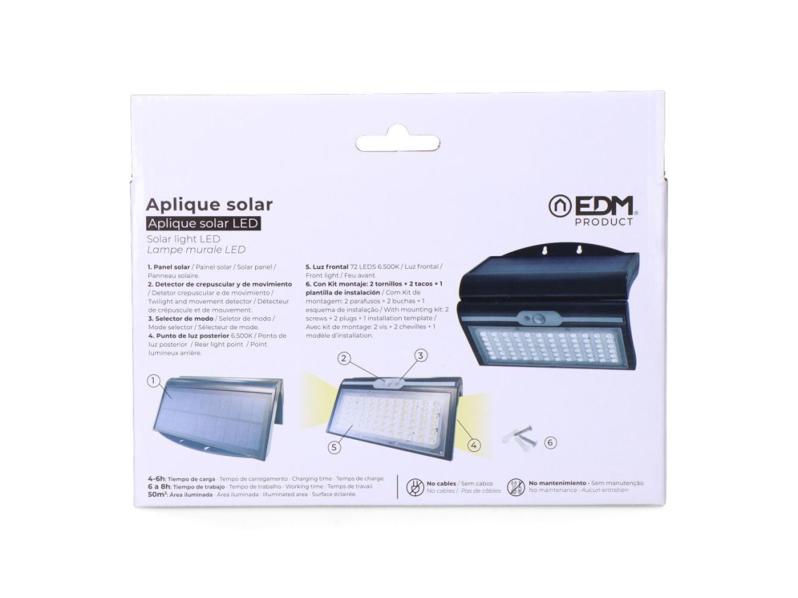 Aplique solar 6w 430lm 6.500k con sensor, color negro