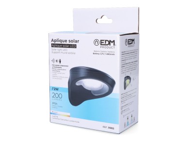 Candeeiro solar 2w 200lm 6500k com sensor cor preto edm