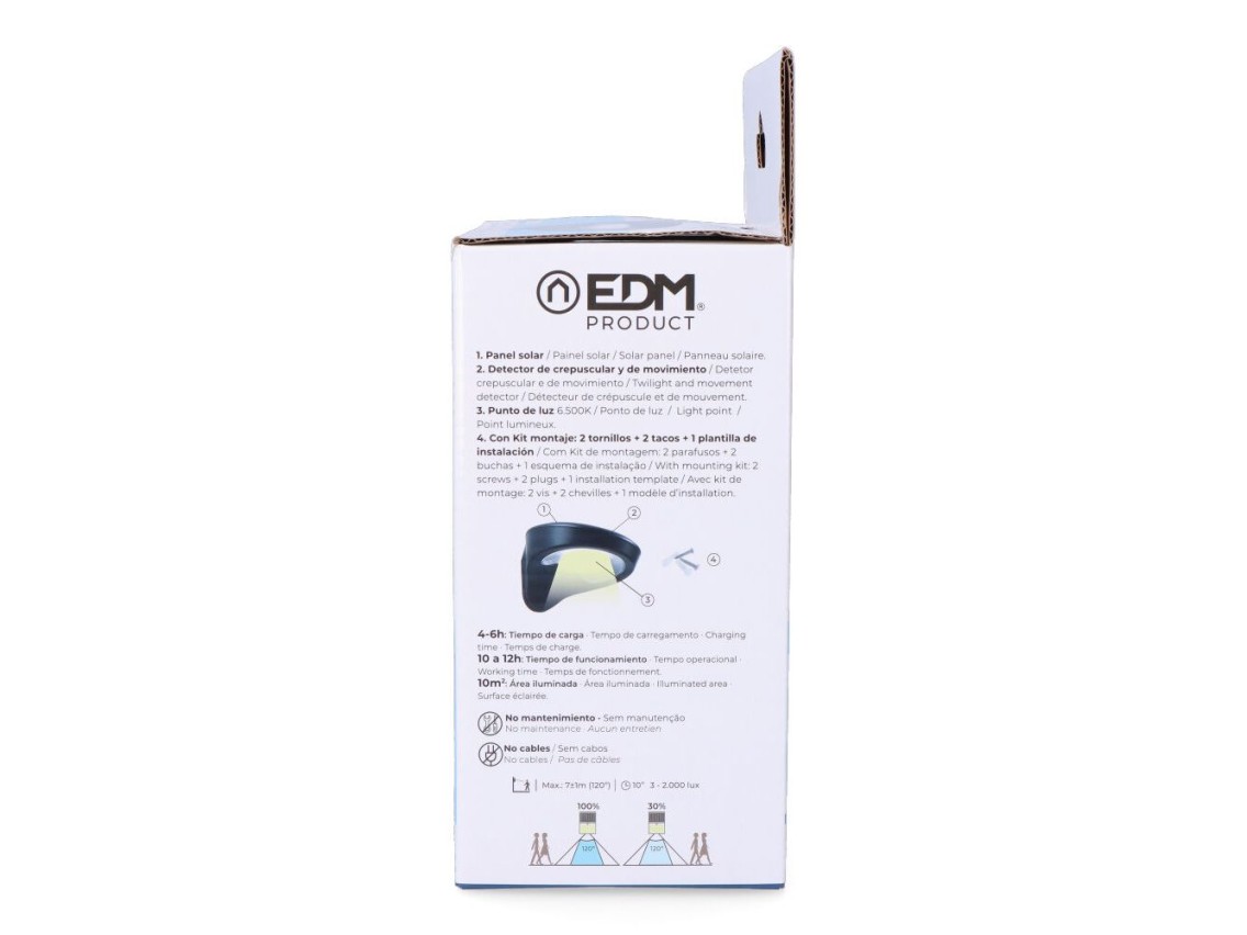 Candeeiro solar 2w 200lm 6500k com sensor cor preto edm