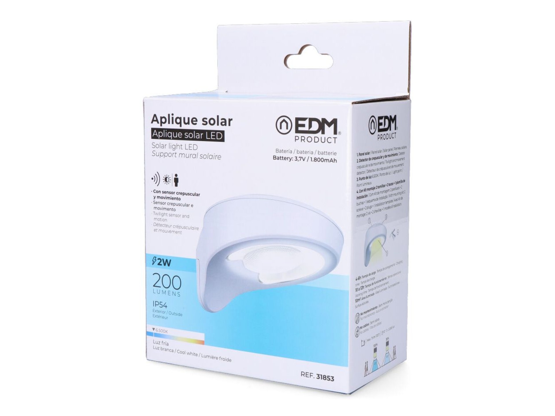 Candeeiro solar 2w 200lm 6500k com sensor cor branco edm