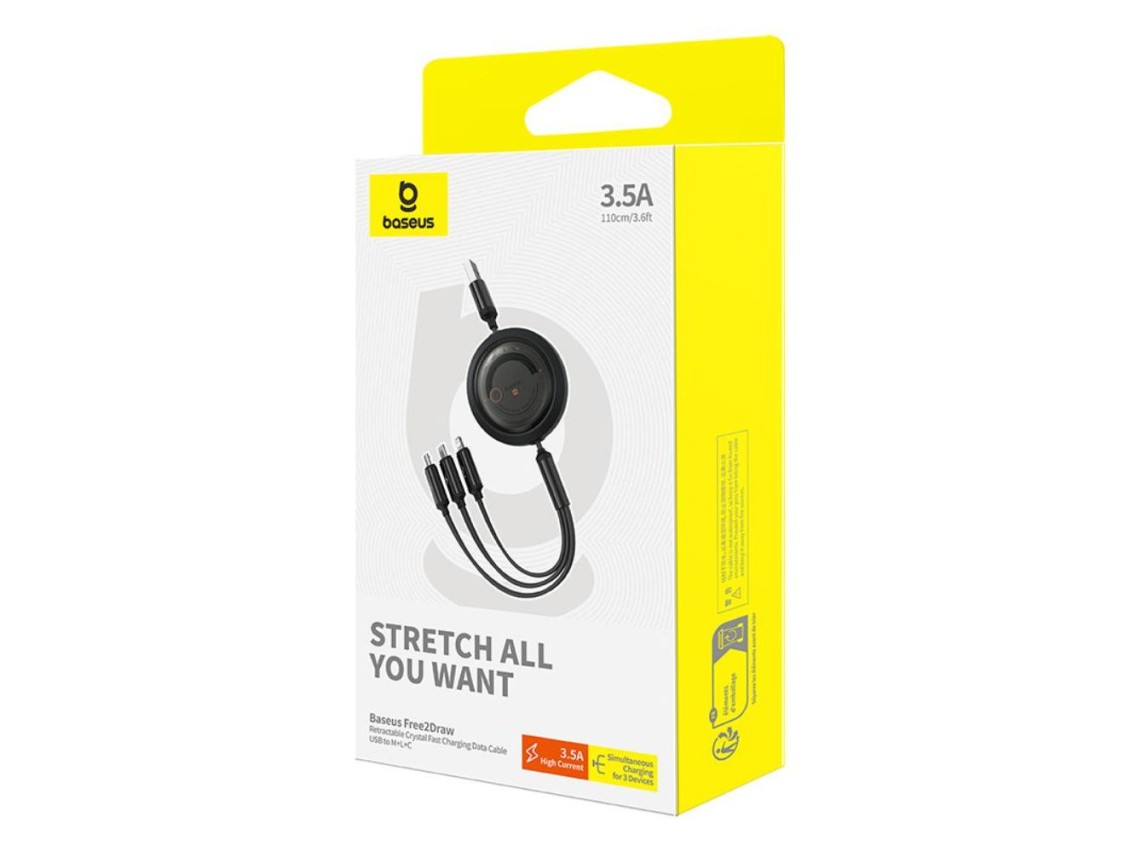 Baseus Free2Draw Retractable Crystal Fast Charging Data Cable USB to M+L+C 100W 1.1m Cluster Black