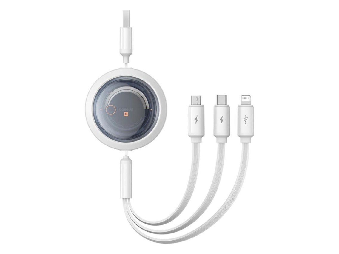 Baseus Free2Draw Retractable Crystal Fast Charging Data Cable USB to M+L+C 100W 1.1m Moon White
