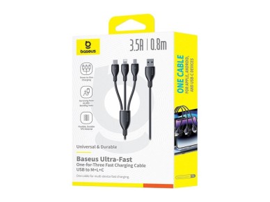 Cable de carga rápida Baseus Ultra-Fast One-for-Three (USB-A a M+L+C, 3,5 A, 0,8 m, negro c