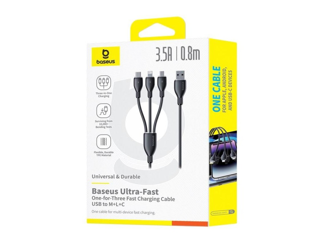 Baseus Ultra-Fast One-for-Three Fast Charging Cable USB-A to M+L+C 3.5A 0.8m Cosmic Black