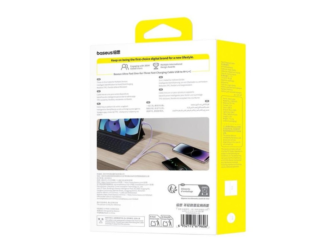 Baseus Ultra-Fast One-for-Three Fast Charging Cable USB-A to M+L+C 3.5A 1.3m Nebula Purple