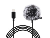 Microfone de lapela Jack Puluz com clipe PU426, cabo de 1,5 m e conector Lightning de 3,5 mm.