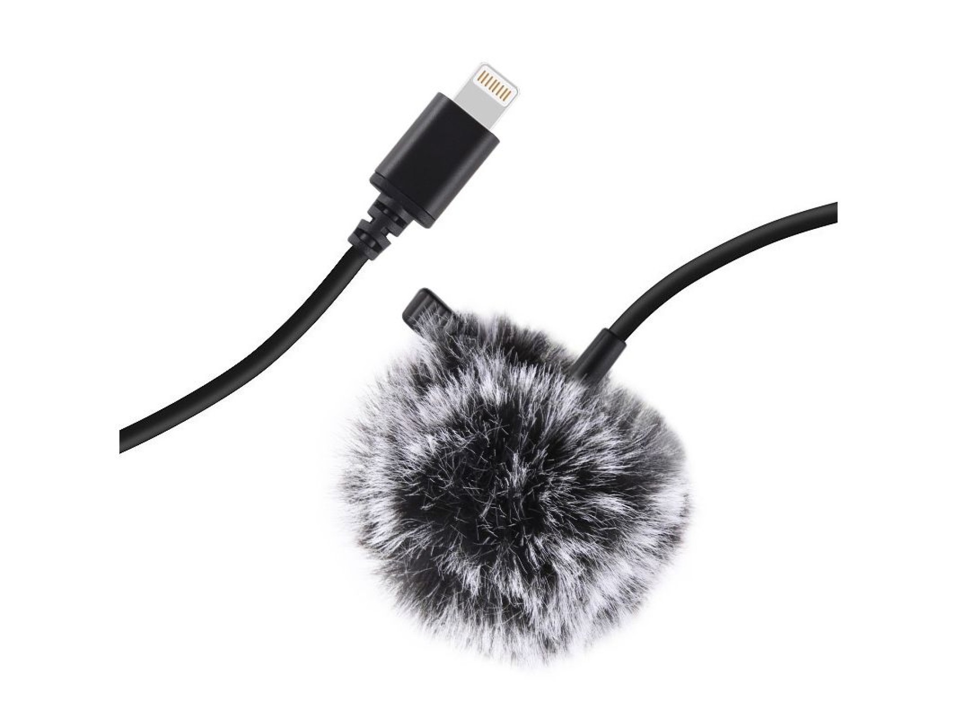 Microfone de lapela Jack Puluz com clipe PU426, cabo de 1,5 m e conector Lightning de 3,5 mm.