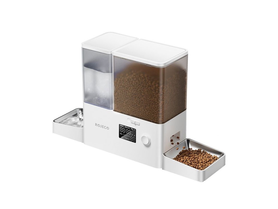 Fuente de agua para mascotas Rojeco 2 en 1 de 3,5 l y comedero de 5 l, versi�n con bot�n (blanco)