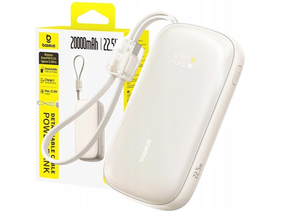 Baseus Powerbank EnerFill FC21 Qpow 3 Ultra 20000mAh 22.5W with lcd display and cable white