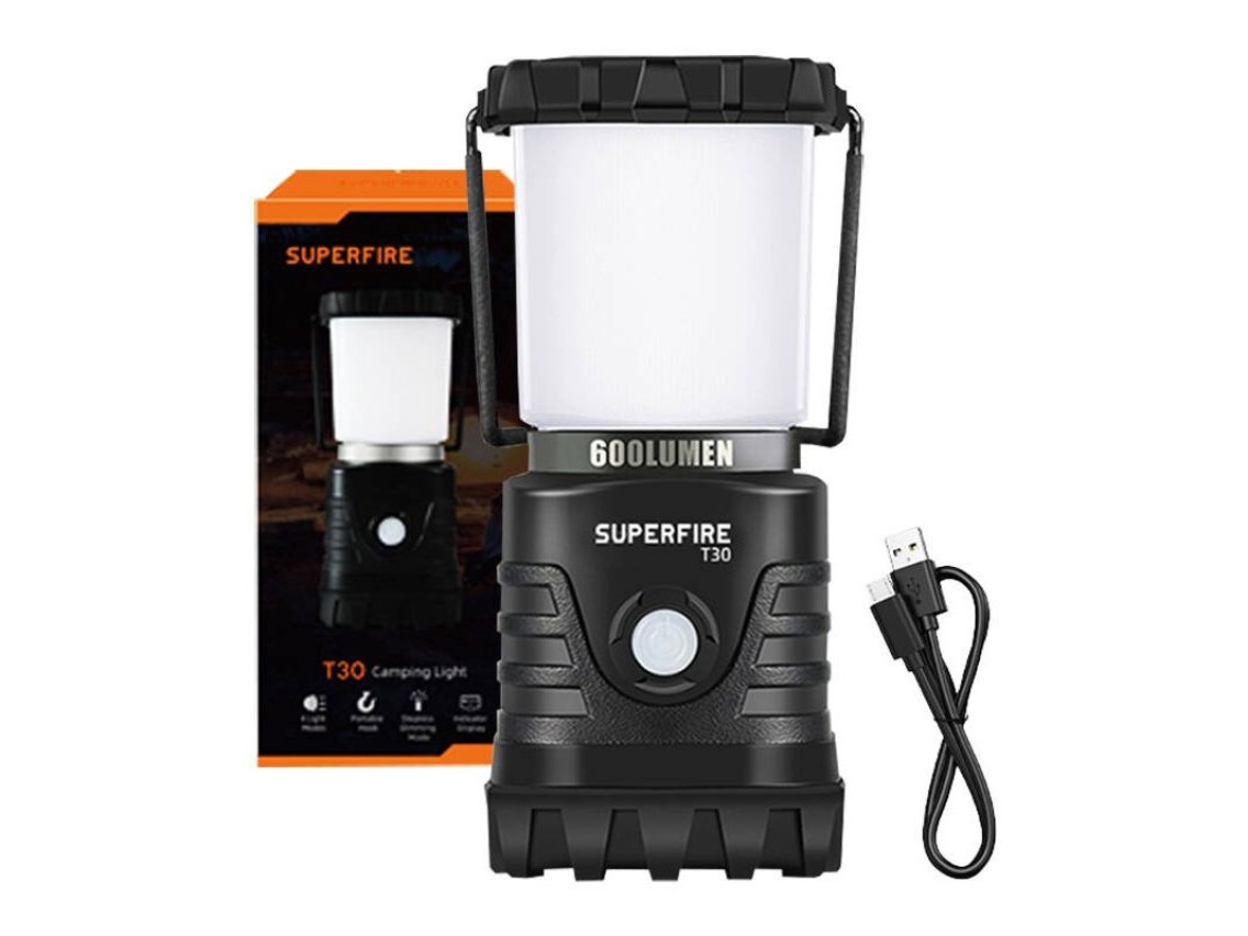 Lâmpada de acampamento Superfire T30 – 600lm, USB, 4 modos