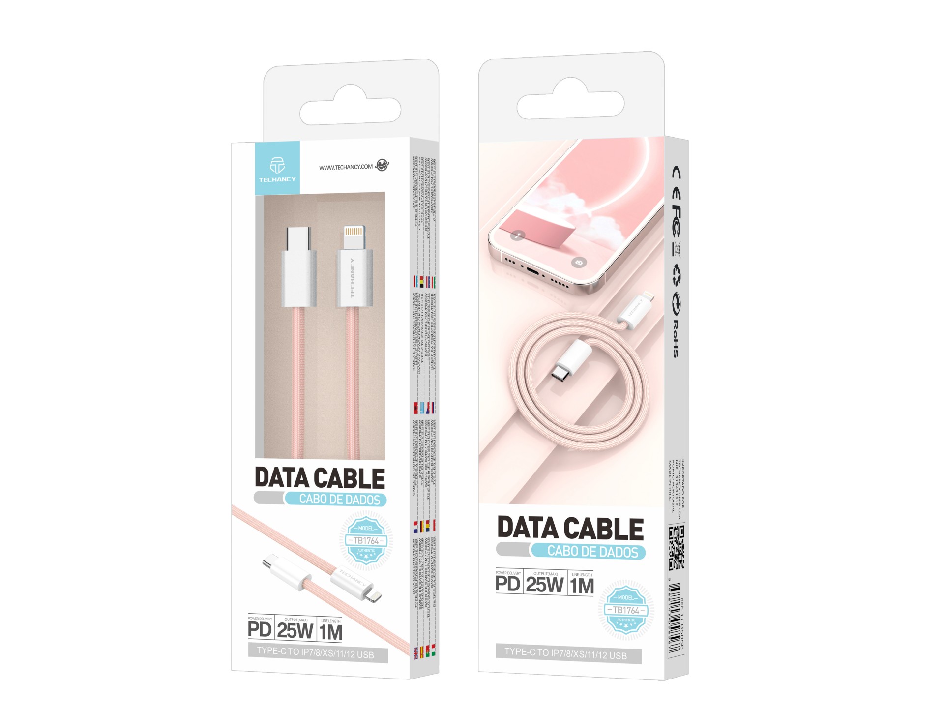 Cable de datos Techancy PD-iPXS/11-14 de 25 W, TB1764, 1 m, rosa