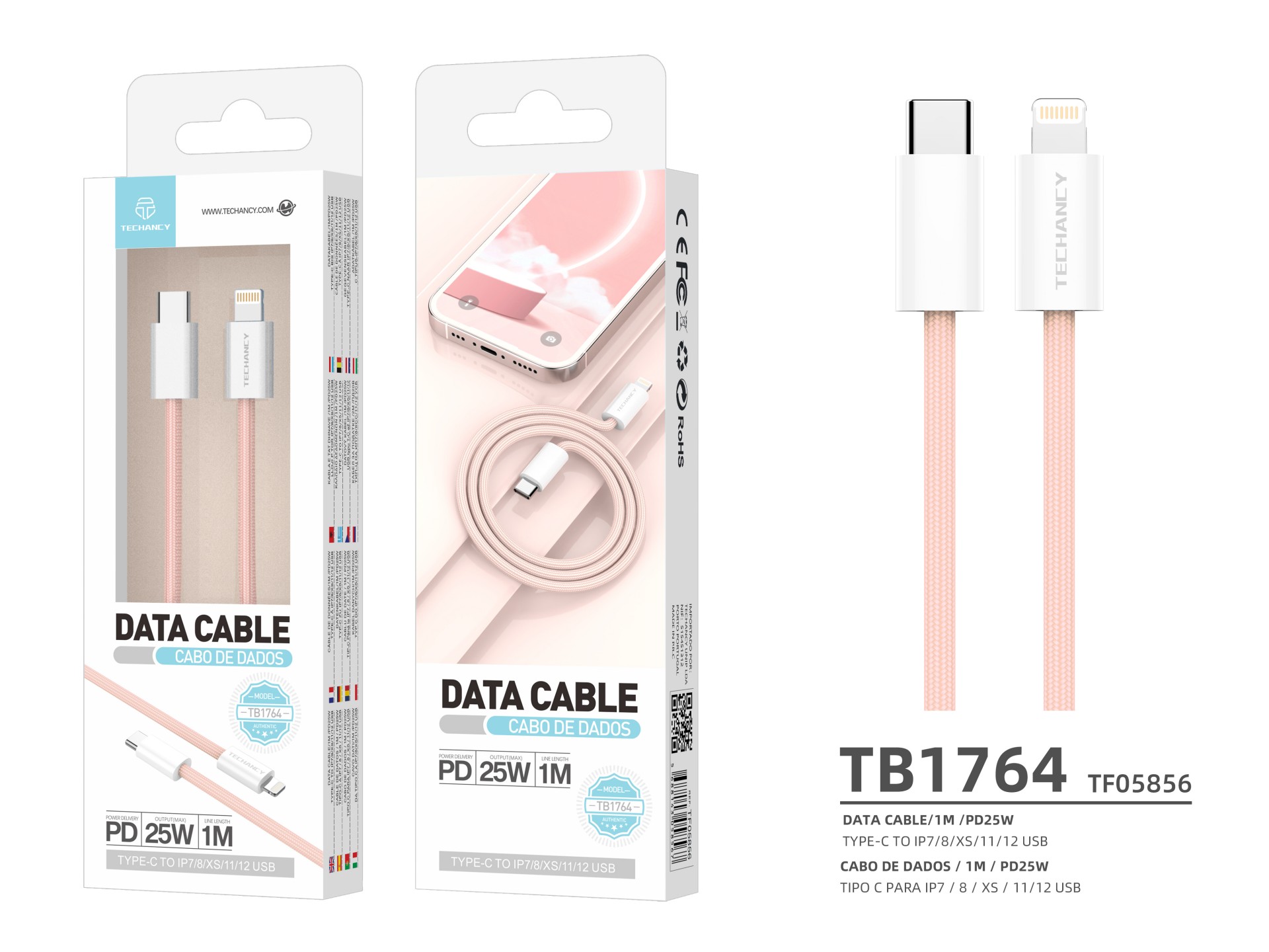 Cable de datos Techancy PD-iPXS/11-14 de 25 W, TB1764, 1 m, rosa